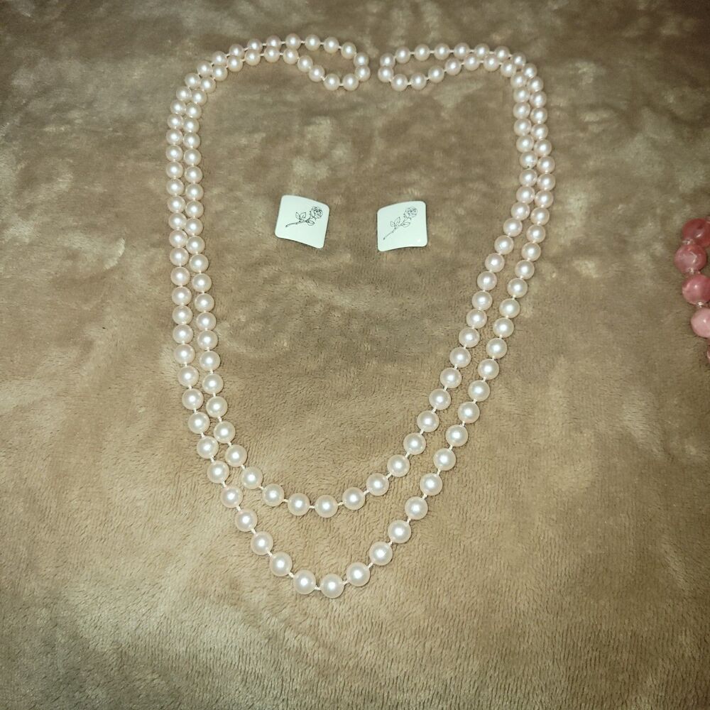 Double Strand Faux Pearl Necklace & Flower Stud Earrings Set Formal Wedding